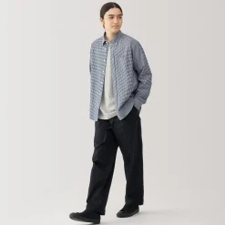 Outlet Muji Camisa Oxford con botones y acabado lavado para hombre Cuadros Azul Marino Oscuro