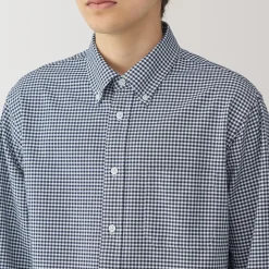 Outlet Muji Camisa Oxford con botones y acabado lavado para hombre Cuadros Azul Marino Oscuro