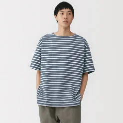 Muji Camiseta de cuello barco de algodón grueso lavado para hombre