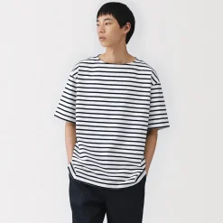 Muji Camiseta de cuello barco de algodón grueso lavado para hombre