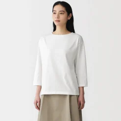 Muji Camiseta de manga 3/4 de mezcla de algodón para mujer