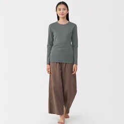 Clearance Muji Camiseta de manga larga con cuello redondo de algodón grueso y cálido para mujer