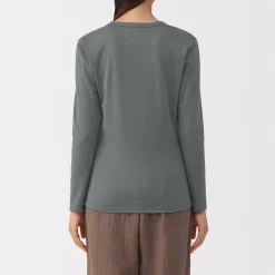Clearance Muji Camiseta de manga larga con cuello redondo de algodón grueso y cálido para mujer