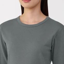Clearance Muji Camiseta de manga larga con cuello redondo de algodón grueso y cálido para mujer