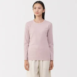 Clearance Muji Camiseta de manga larga con cuello redondo de algodón grueso y cálido para mujer