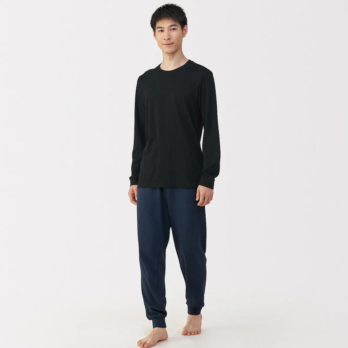 New Muji Camiseta de manga larga con cuello en U de algodón grueso y cálido para hombre