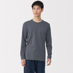 New Muji Camiseta de manga larga con cuello en U de algodón grueso y cálido para hombre