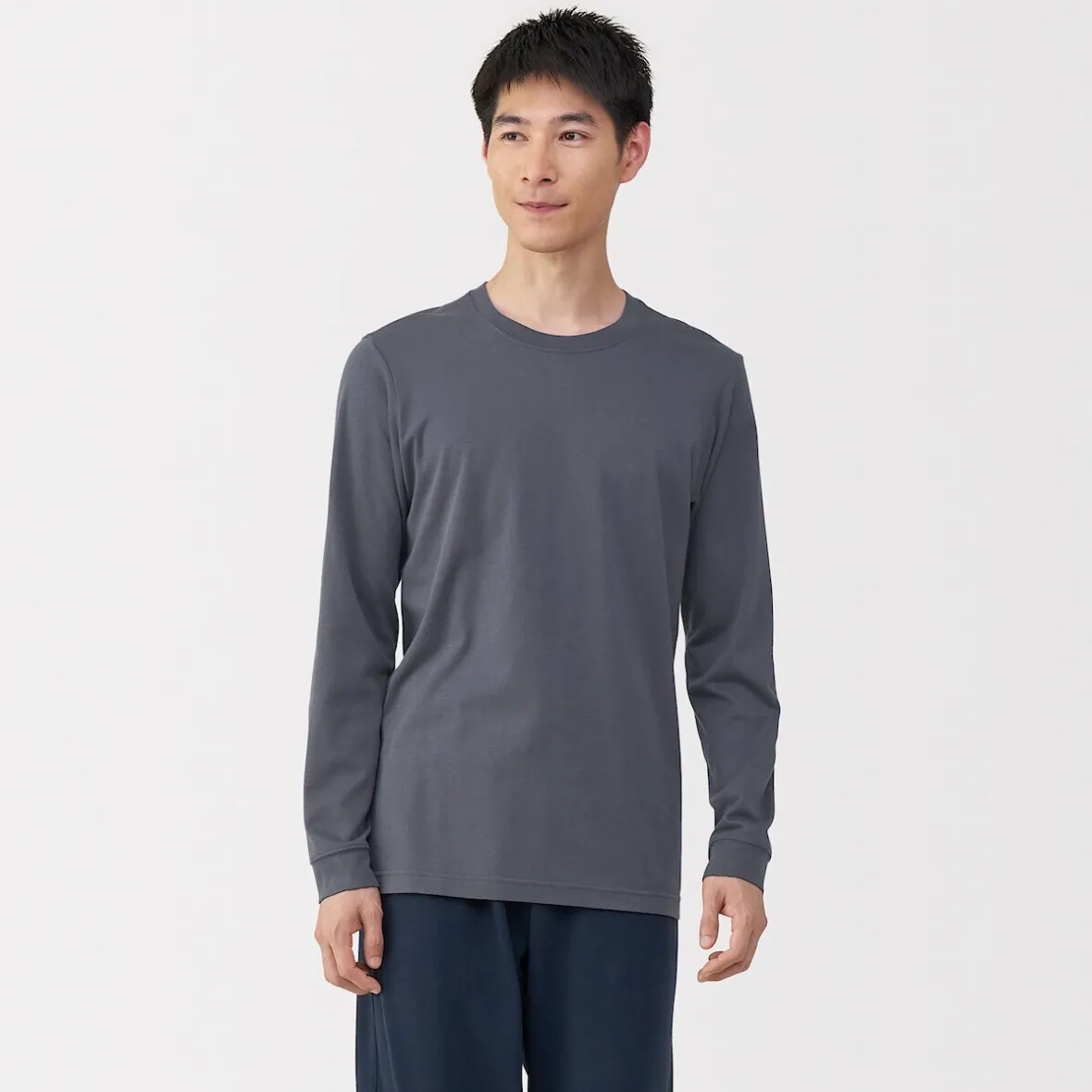 New Muji Camiseta de manga larga con cuello en U de algodón grueso y cálido para hombre