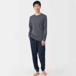 New Muji Camiseta de manga larga con cuello en U de algodón grueso y cálido para hombre
