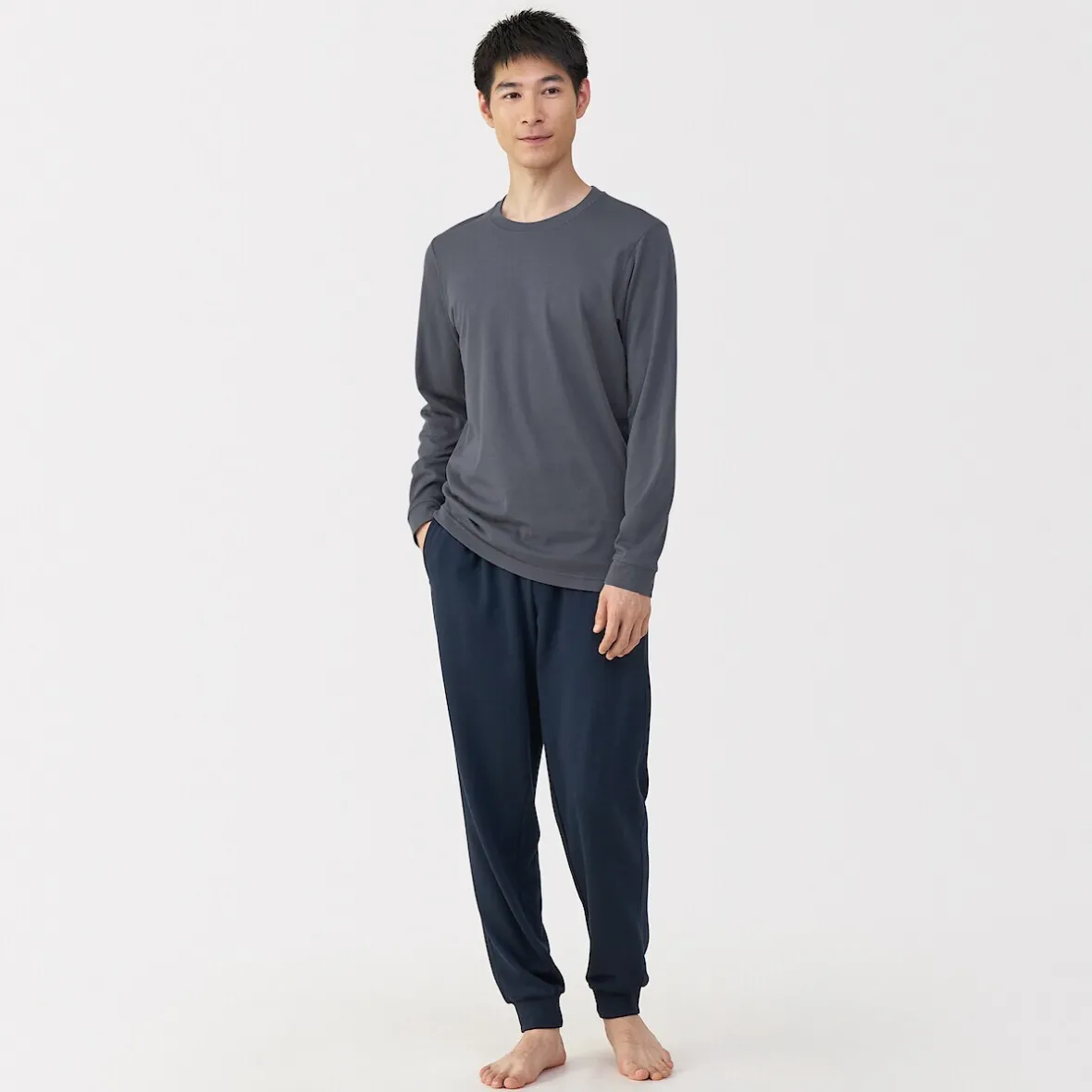 New Muji Camiseta de manga larga con cuello en U de algodón grueso y cálido para hombre
