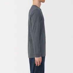 New Muji Camiseta de manga larga con cuello en U de algodón grueso y cálido para hombre