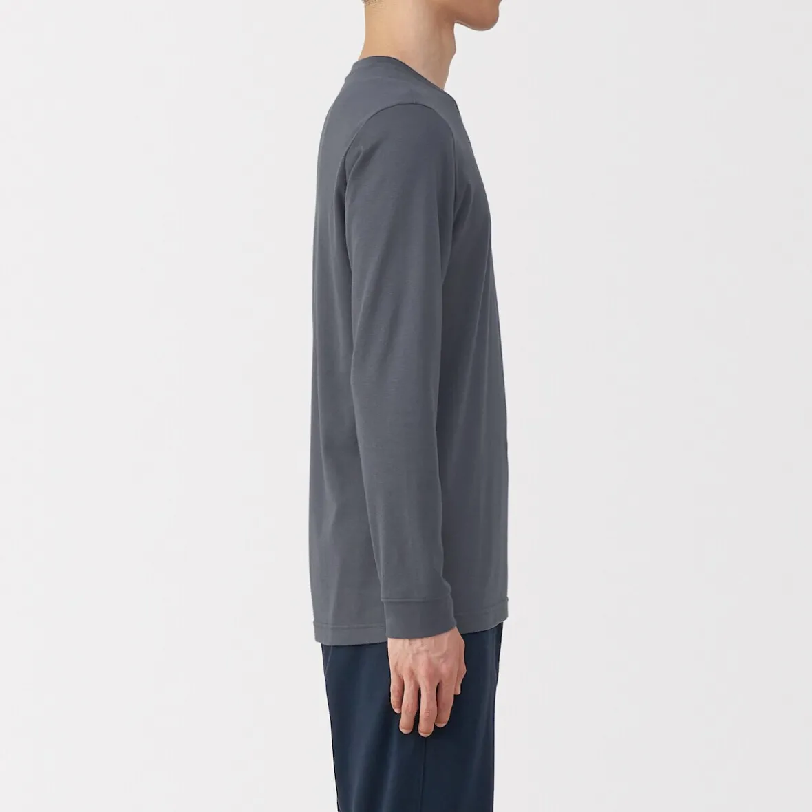 New Muji Camiseta de manga larga con cuello en U de algodón grueso y cálido para hombre