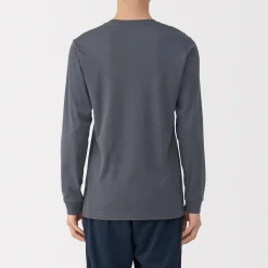 New Muji Camiseta de manga larga con cuello en U de algodón grueso y cálido para hombre