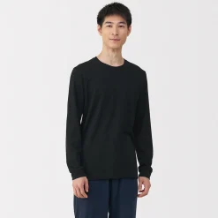 New Muji Camiseta de manga larga con cuello en U de algodón grueso y cálido para hombre