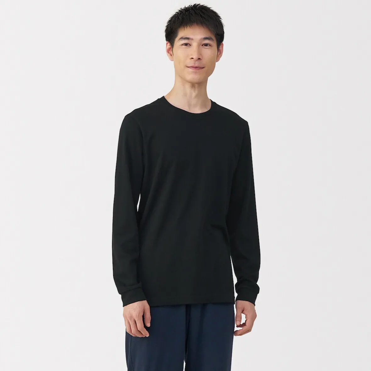 New Muji Camiseta de manga larga con cuello en U de algodón grueso y cálido para hombre