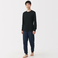 New Muji Camiseta de manga larga con cuello en U de algodón grueso y cálido para hombre