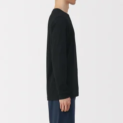 New Muji Camiseta de manga larga con cuello en U de algodón grueso y cálido para hombre