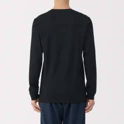 New Muji Camiseta de manga larga con cuello en U de algodón grueso y cálido para hombre