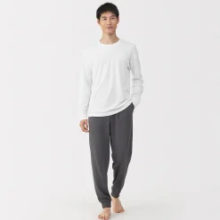 New Muji Camiseta de manga larga con cuello en U de algodón grueso y cálido para hombre