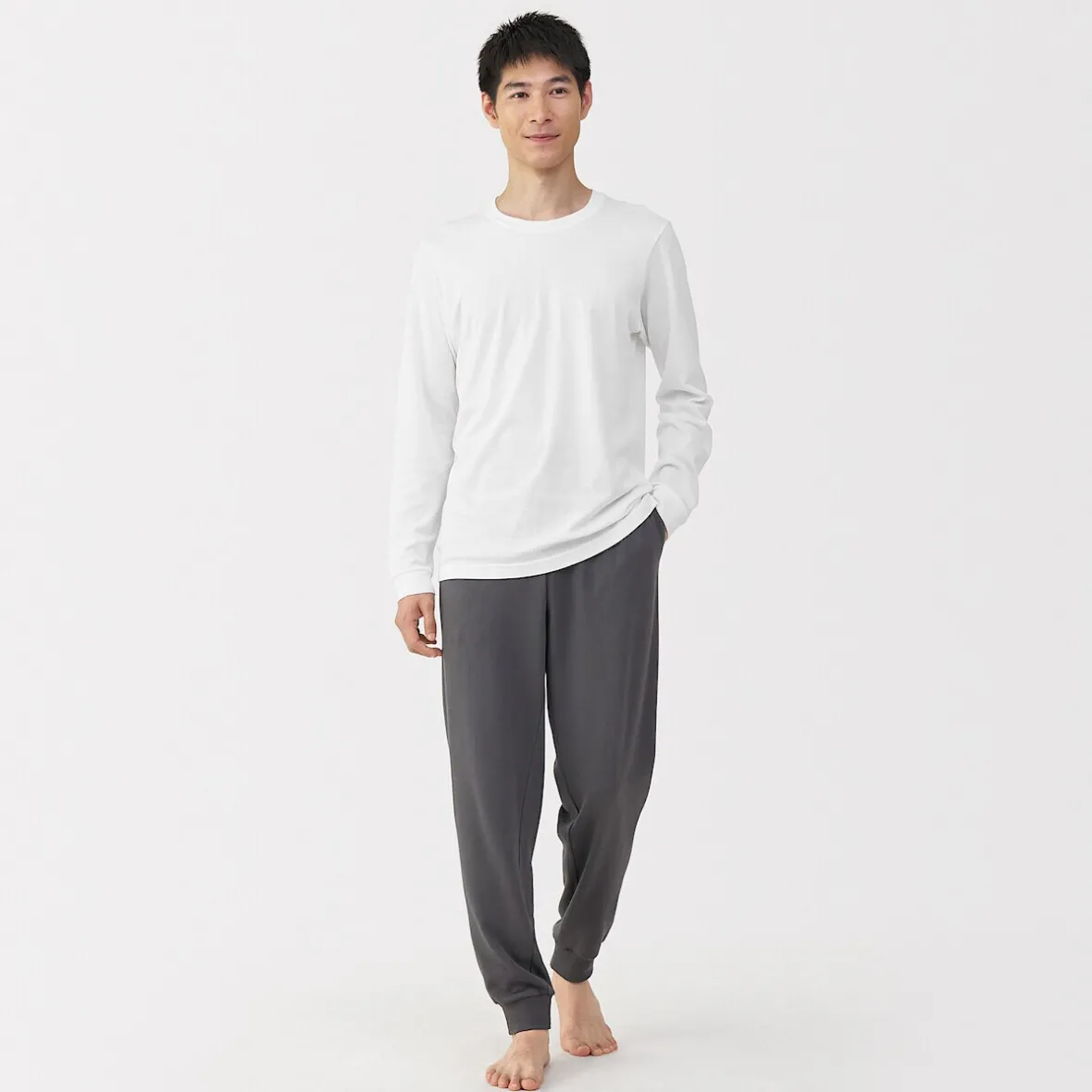 New Muji Camiseta de manga larga con cuello en U de algodón grueso y cálido para hombre