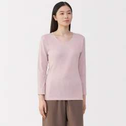 Muji Camiseta de manga larga con cuello en U de algodón grueso y cálido para mujer