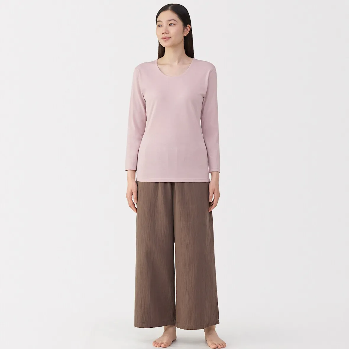 Muji Camiseta de manga larga con cuello en U de algodón grueso y cálido para mujer