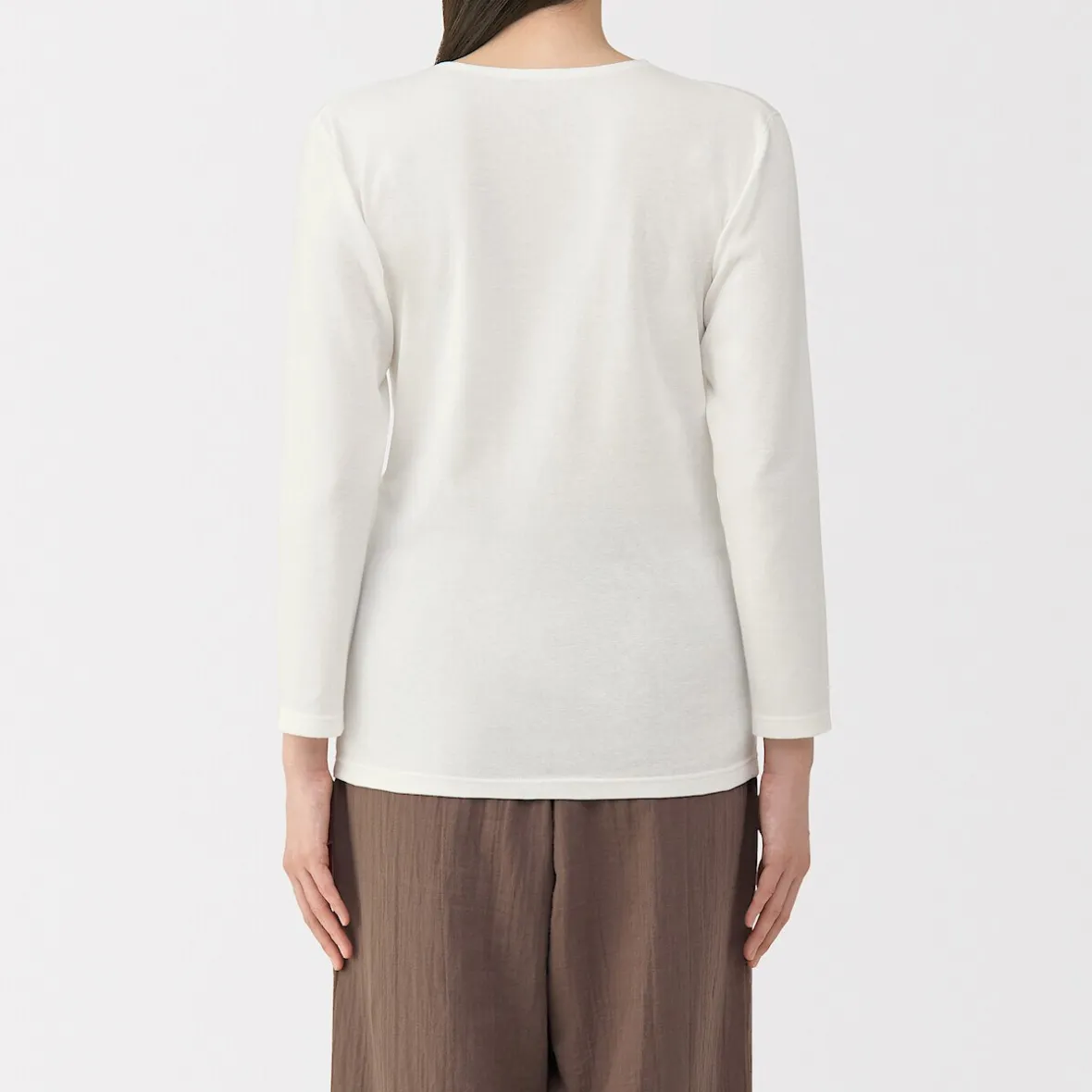Muji Camiseta de manga larga con cuello en U de algodón grueso y cálido para mujer