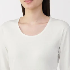 Muji Camiseta de manga larga con cuello en U de algodón grueso y cálido para mujer