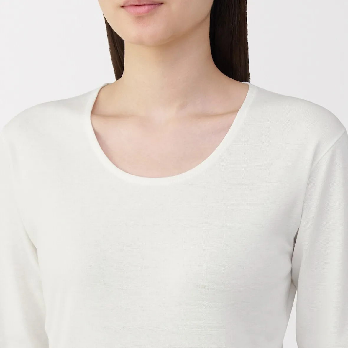 Muji Camiseta de manga larga con cuello en U de algodón grueso y cálido para mujer