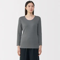 Muji Camiseta de manga larga con cuello en U de algodón grueso y cálido para mujer