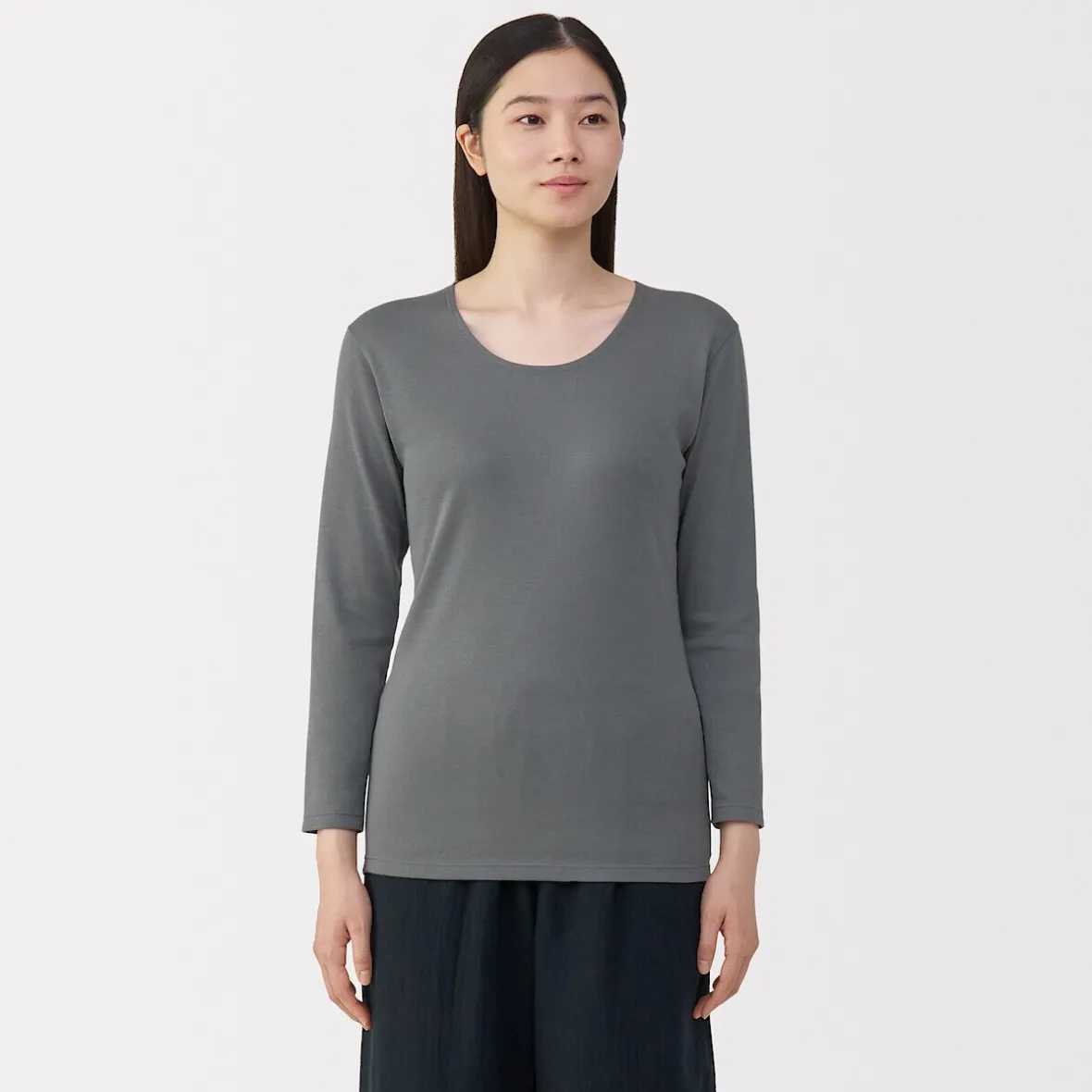 Muji Camiseta de manga larga con cuello en U de algodón grueso y cálido para mujer