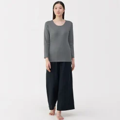 Muji Camiseta de manga larga con cuello en U de algodón grueso y cálido para mujer