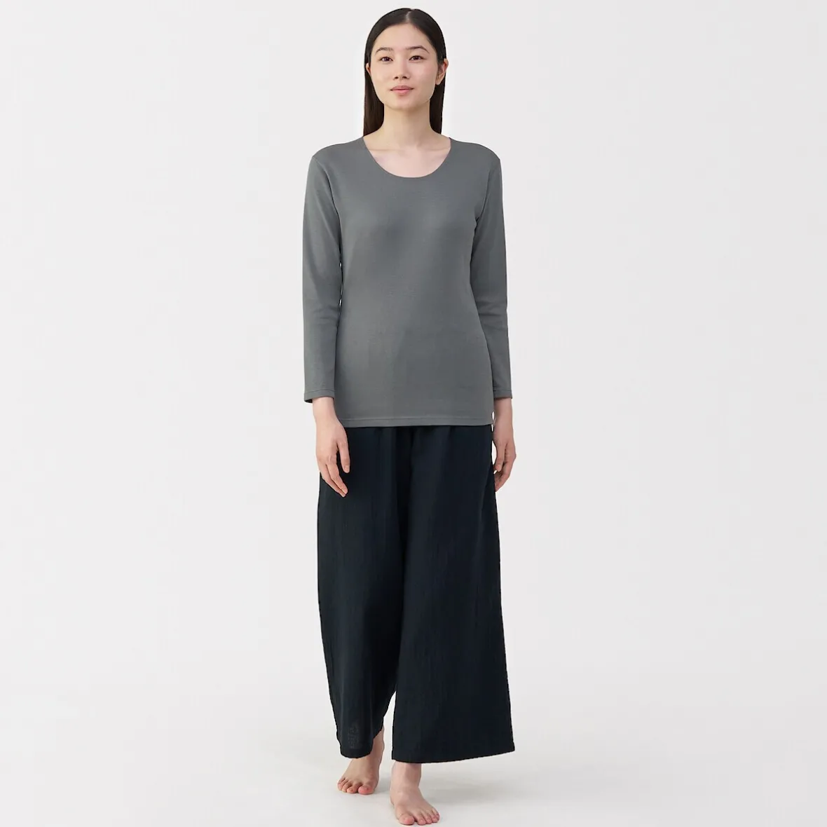 Muji Camiseta de manga larga con cuello en U de algodón grueso y cálido para mujer