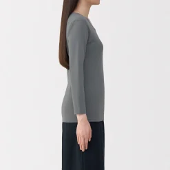 Muji Camiseta de manga larga con cuello en U de algodón grueso y cálido para mujer