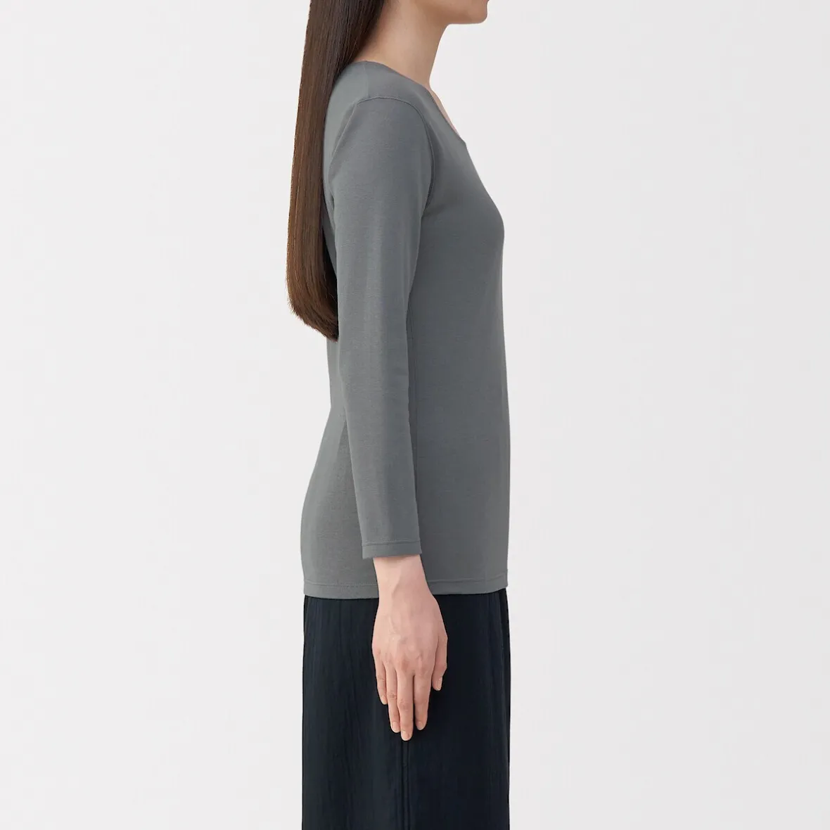 Muji Camiseta de manga larga con cuello en U de algodón grueso y cálido para mujer