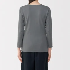 Muji Camiseta de manga larga con cuello en U de algodón grueso y cálido para mujer