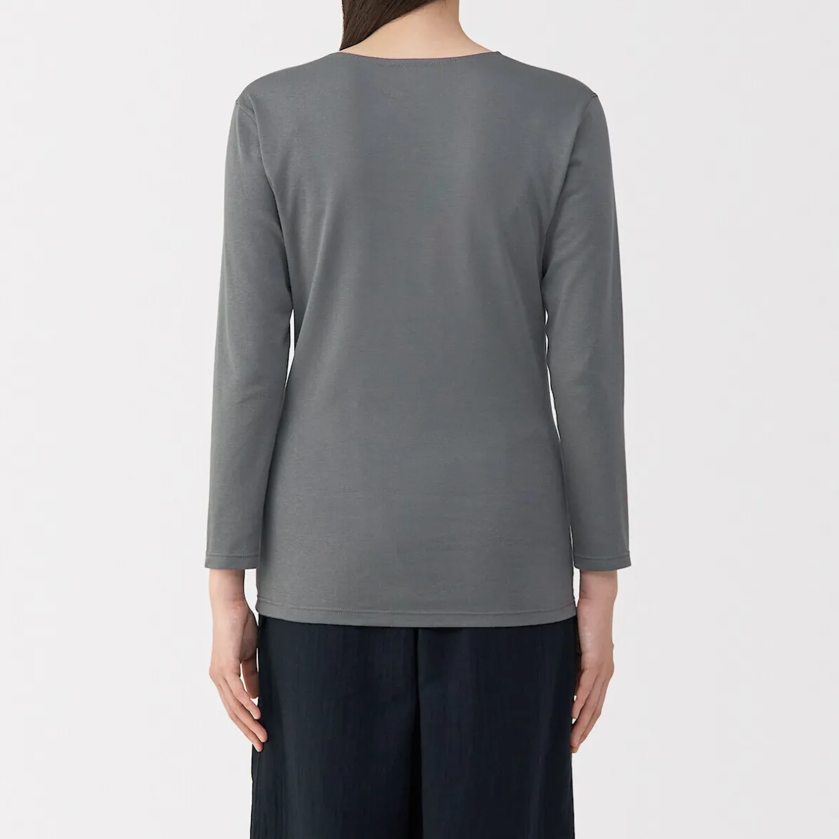 Muji Camiseta de manga larga con cuello en U de algodón grueso y cálido para mujer