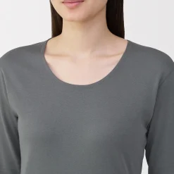 Muji Camiseta de manga larga con cuello en U de algodón grueso y cálido para mujer