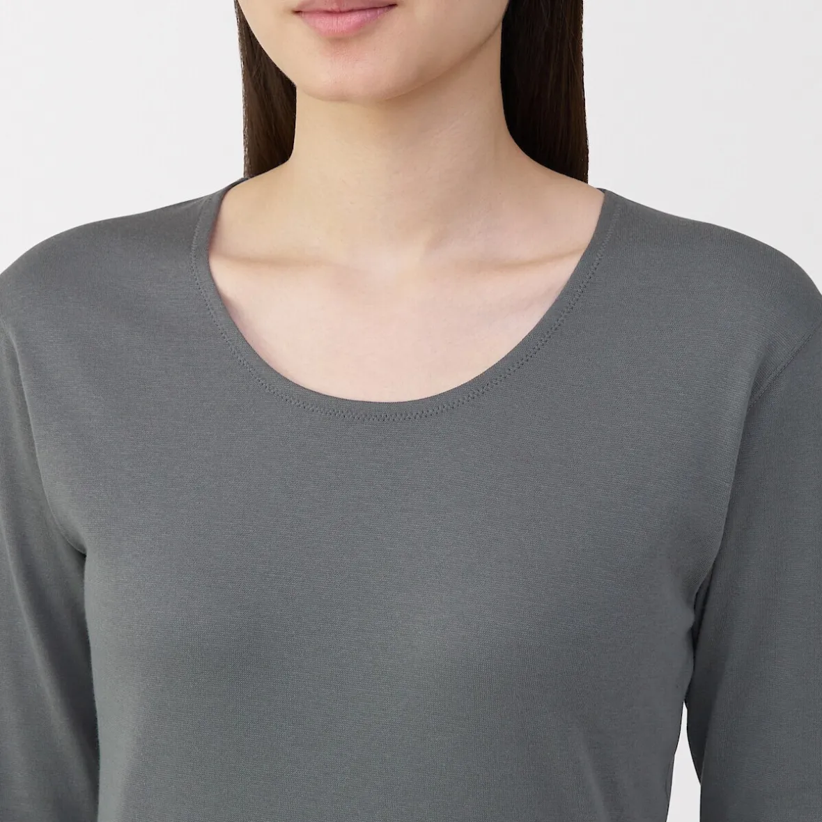 Muji Camiseta de manga larga con cuello en U de algodón grueso y cálido para mujer