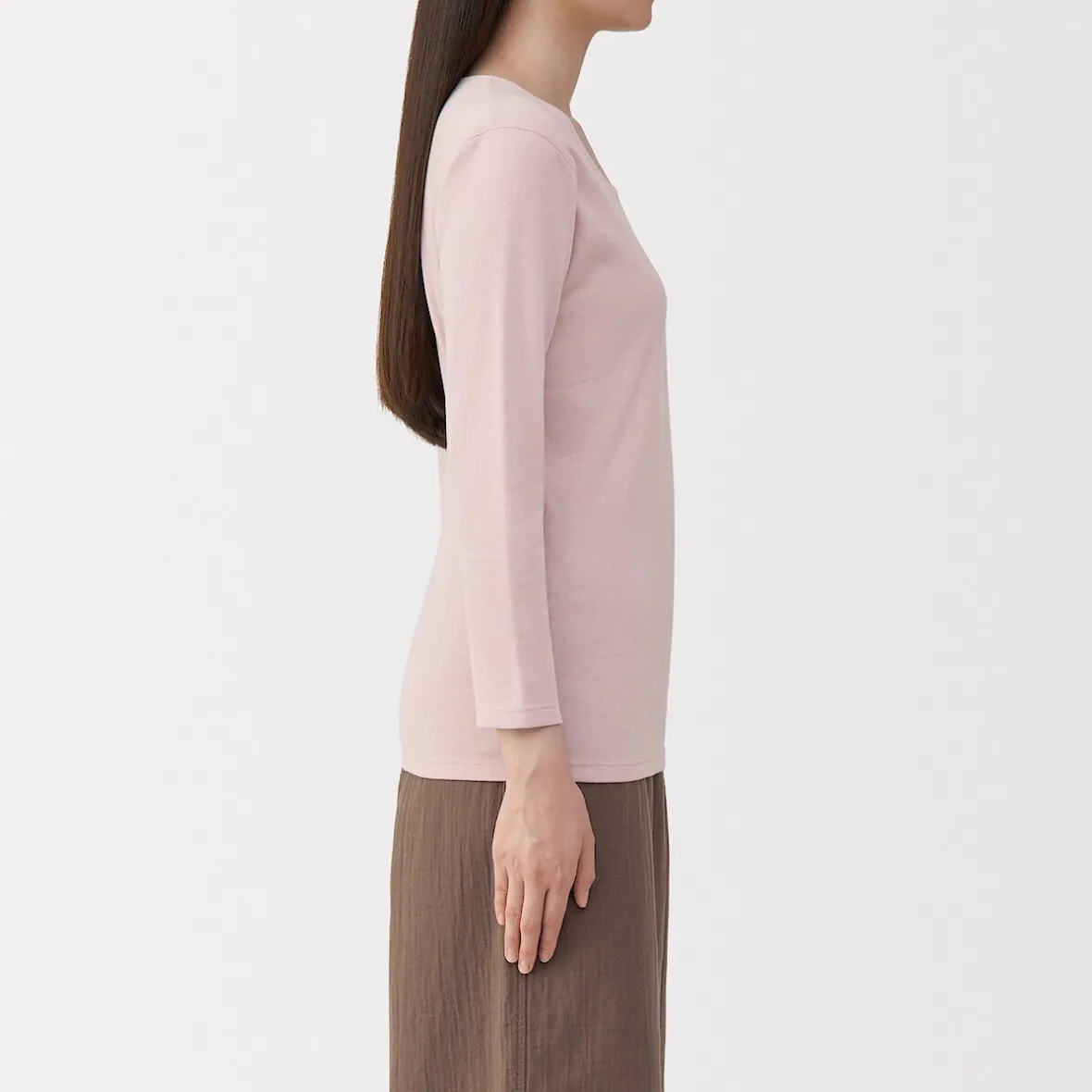Muji Camiseta de manga larga con cuello en U de algodón grueso y cálido para mujer