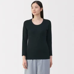 Muji Camiseta de manga larga con cuello en U de algodón grueso y cálido para mujer