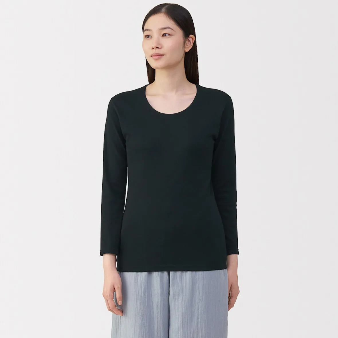 Muji Camiseta de manga larga con cuello en U de algodón grueso y cálido para mujer