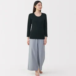 Muji Camiseta de manga larga con cuello en U de algodón grueso y cálido para mujer