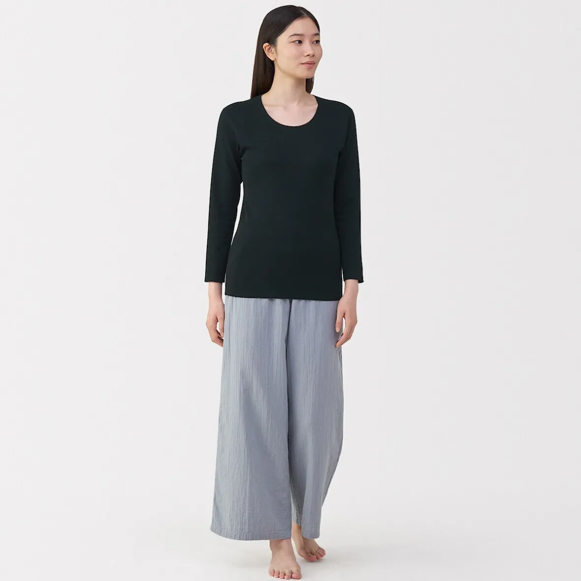 Muji Camiseta de manga larga con cuello en U de algodón grueso y cálido para mujer