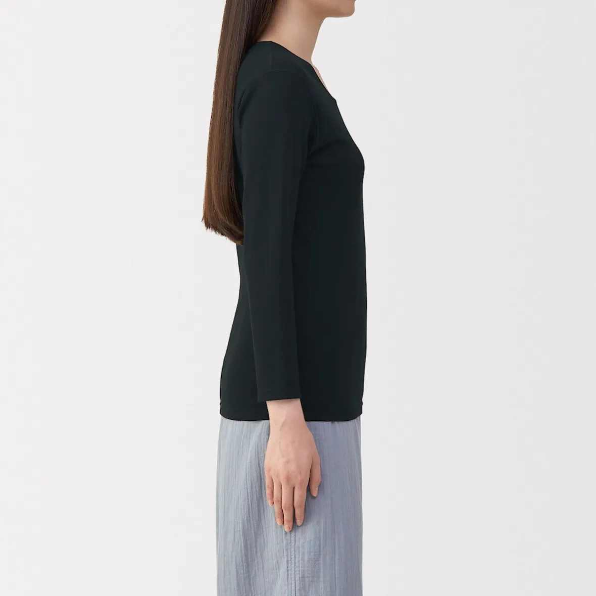 Muji Camiseta de manga larga con cuello en U de algodón grueso y cálido para mujer