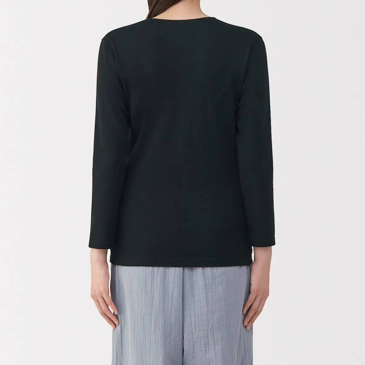 Muji Camiseta de manga larga con cuello en U de algodón grueso y cálido para mujer