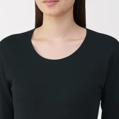 Muji Camiseta de manga larga con cuello en U de algodón grueso y cálido para mujer