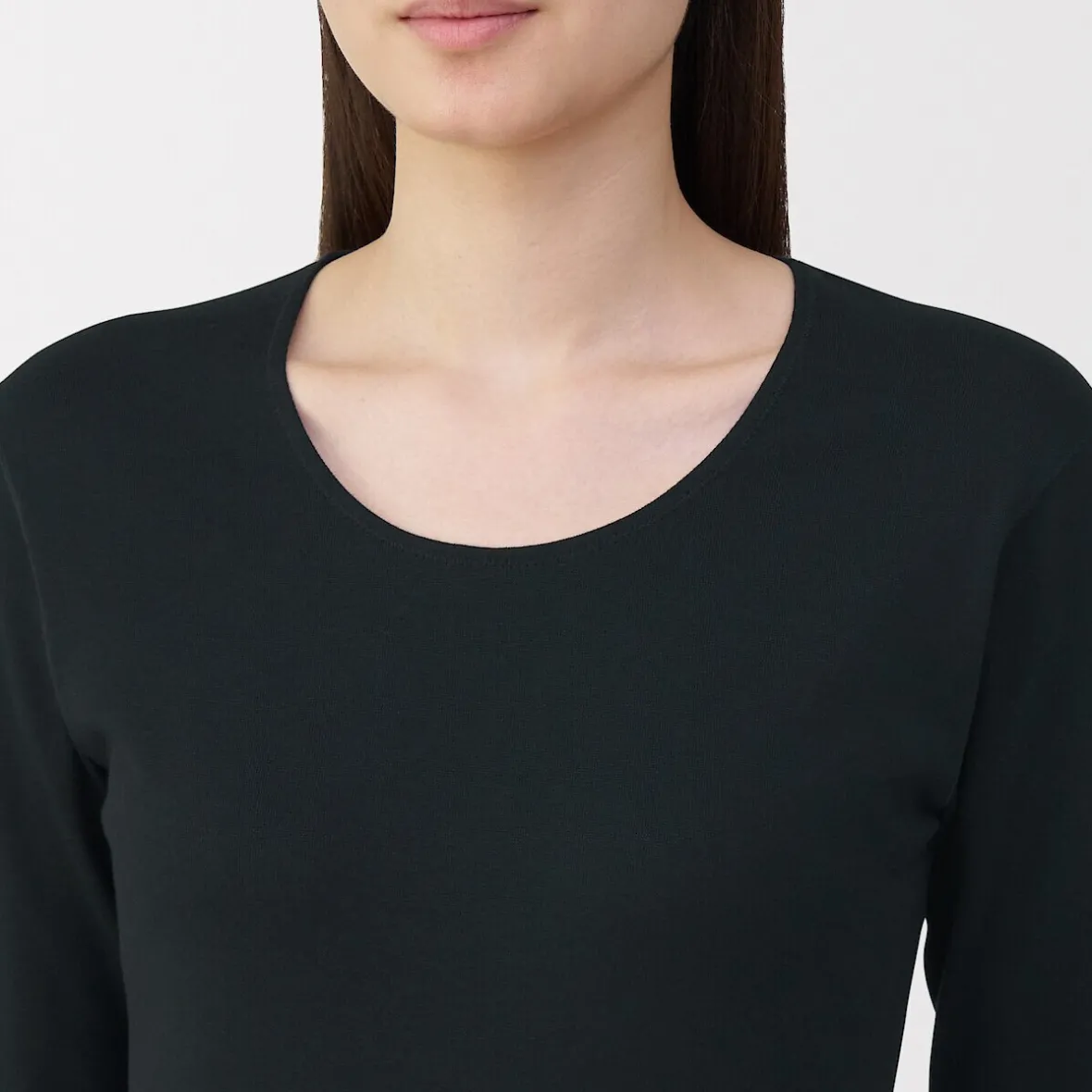Muji Camiseta de manga larga con cuello en U de algodón grueso y cálido para mujer