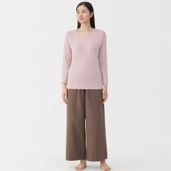 Muji Camiseta de manga larga con cuello en U de algodón grueso y cálido para mujer