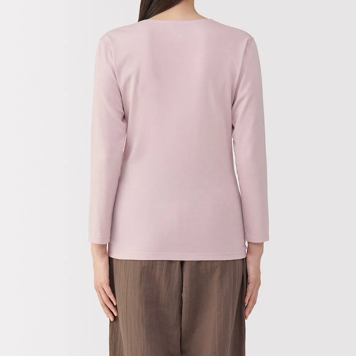 Muji Camiseta de manga larga con cuello en U de algodón grueso y cálido para mujer
